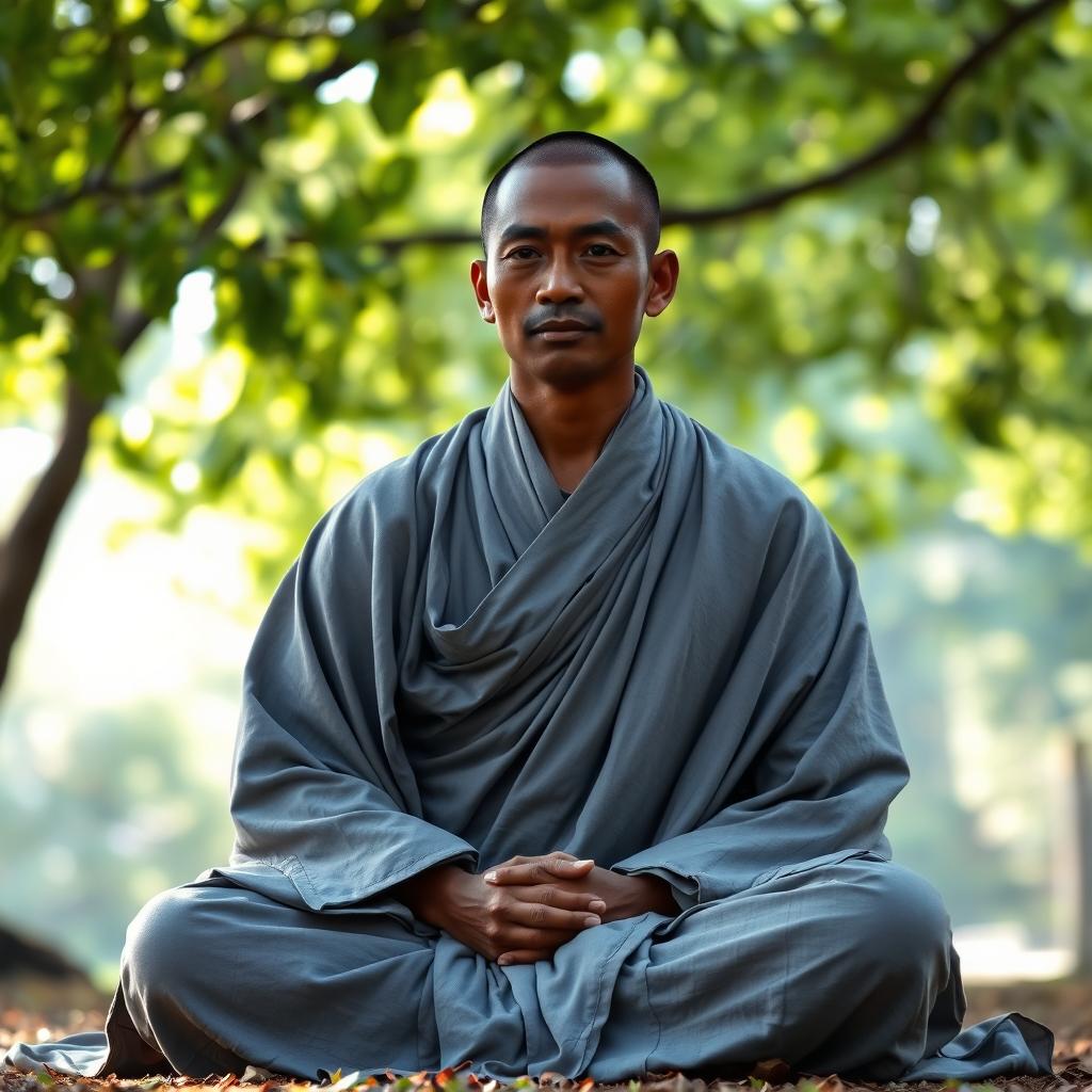 A serene and contemplative dark-skinned monk wearing a flowing grey robe, sitting cross-legged in a peaceful natural setting