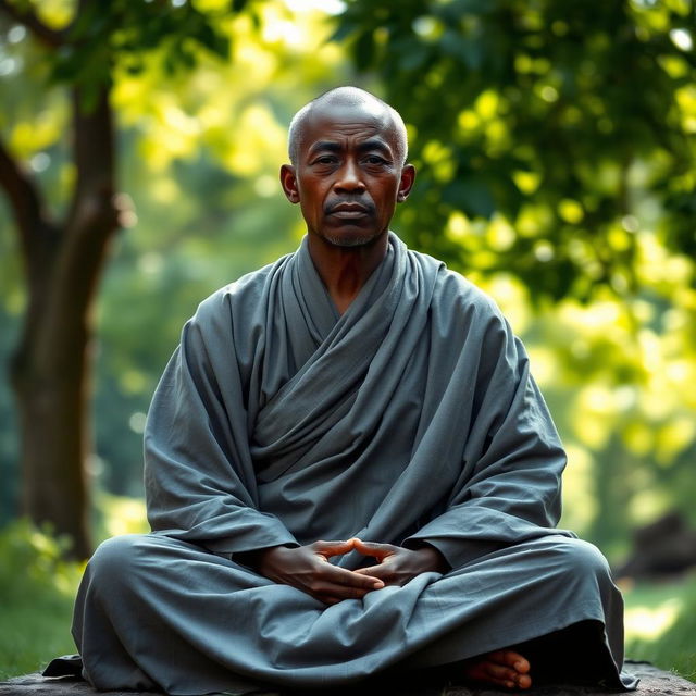 A serene and contemplative dark-skinned monk wearing a flowing grey robe, sitting cross-legged in a peaceful natural setting