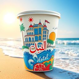 An enhanced image of a paper cup showcasing an intricate and aesthetically pleasing design of the Sea Hotel