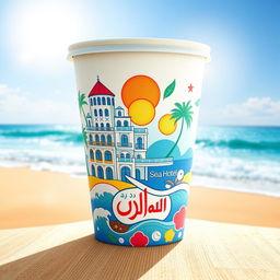 An enhanced image of a paper cup showcasing an intricate and aesthetically pleasing design of the Sea Hotel
