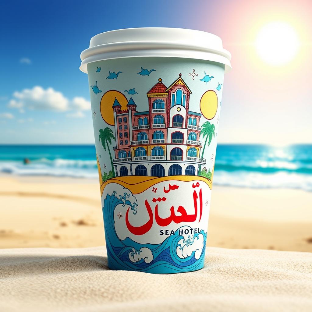 An enhanced image of a paper cup showcasing an intricate and aesthetically pleasing design of the Sea Hotel