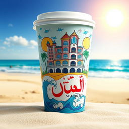 An enhanced image of a paper cup showcasing an intricate and aesthetically pleasing design of the Sea Hotel