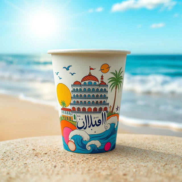 An enhanced image of a paper cup showcasing an intricate and aesthetically pleasing design of the Sea Hotel