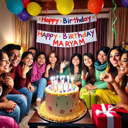 A vibrant birthday celebration scene in a cozy living room, adorned with colorful decorations like balloons and streamers