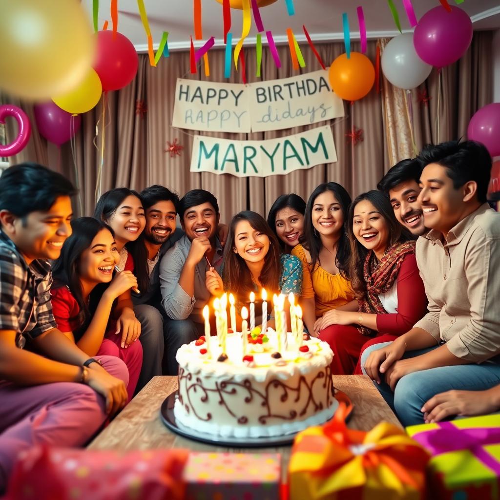 A vibrant birthday celebration scene in a cozy living room, adorned with colorful decorations like balloons and streamers