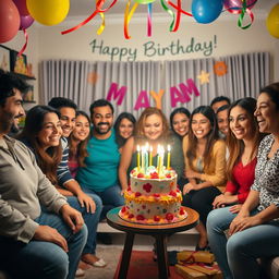 A vibrant birthday celebration scene in a cozy living room, adorned with colorful decorations like balloons and streamers