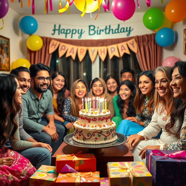 A vibrant birthday celebration scene in a cozy living room, adorned with colorful decorations like balloons and streamers