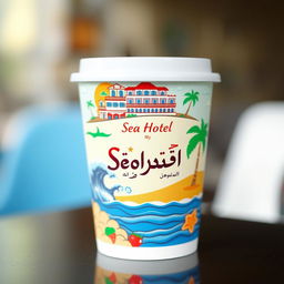 A visually appealing paper cup featuring a design of the Sea Hotel, incorporating elements such as its architecture, ocean waves, and palm trees