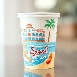 A visually appealing paper cup featuring a design of the Sea Hotel, incorporating elements such as its architecture, ocean waves, and palm trees