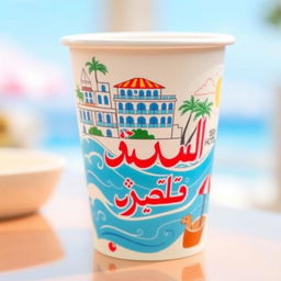 A visually appealing paper cup featuring a design of the Sea Hotel, incorporating elements such as its architecture, ocean waves, and palm trees