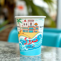 A visually appealing paper cup featuring a design of the Sea Hotel, incorporating elements such as its architecture, ocean waves, and palm trees