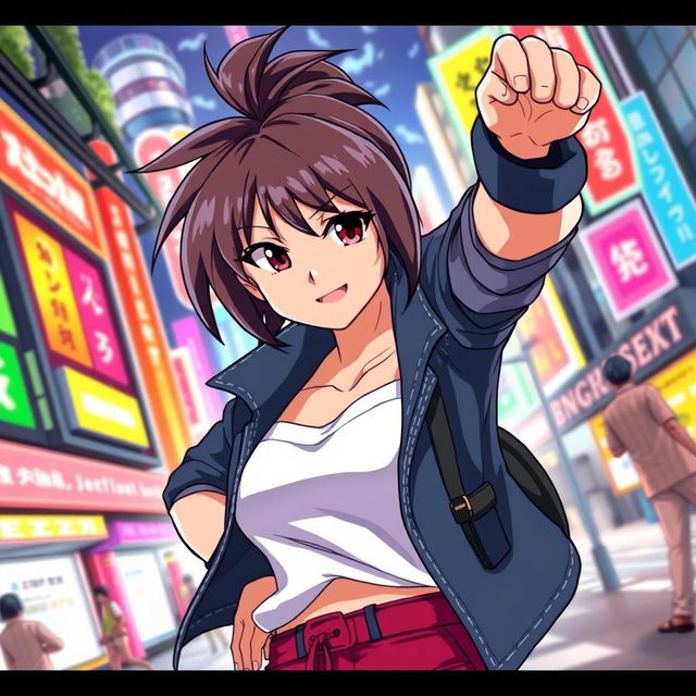 An energetic anime-style scene featuring a confident female character in a dynamic pose, showcasing her personality and strength