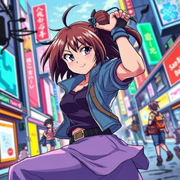 An energetic anime-style scene featuring a confident female character in a dynamic pose, showcasing her personality and strength