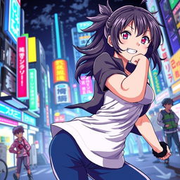 An energetic anime-style scene featuring a confident female character in a dynamic pose, showcasing her personality and strength