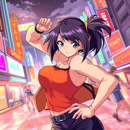 An energetic anime-style scene featuring a confident female character in a dynamic pose, showcasing her personality and strength