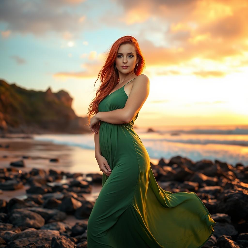 A stunning portrait of a confident woman with vibrant red hair cascading down her shoulders, wearing a flowing green dress that accentuates her figure