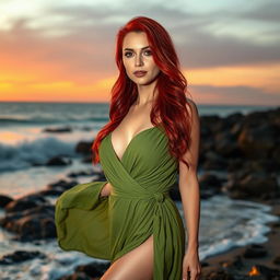 A stunning portrait of a confident woman with vibrant red hair cascading down her shoulders, wearing a flowing green dress that accentuates her figure