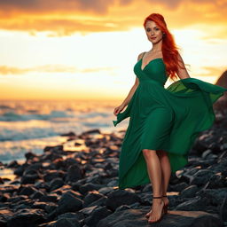 A stunning portrait of a confident woman with vibrant red hair cascading down her shoulders, wearing a flowing green dress that accentuates her figure