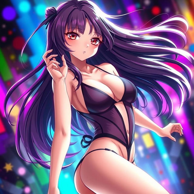 An anime girl with striking features, wearing a revealing outfit that accentuates her curves, set against a vibrant, colorful background