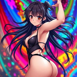 An anime girl with striking features, wearing a revealing outfit that accentuates her curves, set against a vibrant, colorful background