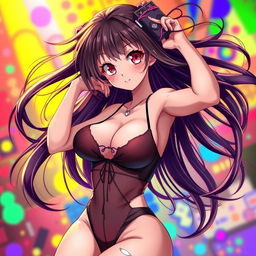 An anime girl with striking features, wearing a revealing outfit that accentuates her curves, set against a vibrant, colorful background
