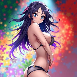 An anime girl with striking features, wearing a revealing outfit that accentuates her curves, set against a vibrant, colorful background