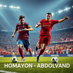An epic football scene featuring two legendary players resembling Messi and Ronaldo in their prime, showcasing their exceptional skills on the pitch