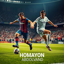An epic football scene featuring two legendary players resembling Messi and Ronaldo in their prime, showcasing their exceptional skills on the pitch