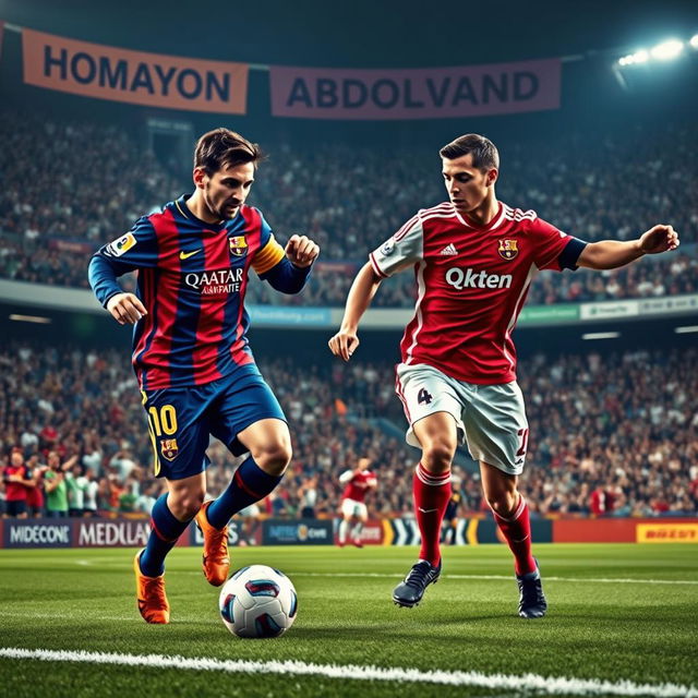 An epic football scene featuring two legendary players resembling Messi and Ronaldo in their prime, showcasing their exceptional skills on the pitch