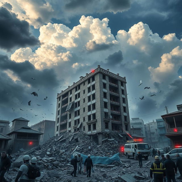 A vivid representation of Iran during an earthquake, showcasing the tumultuous scene with buildings shaking, debris falling, and people responding to the crisis