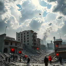 A vivid representation of Iran during an earthquake, showcasing the tumultuous scene with buildings shaking, debris falling, and people responding to the crisis