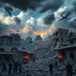 A vivid representation of Iran during an earthquake, showcasing the tumultuous scene with buildings shaking, debris falling, and people responding to the crisis