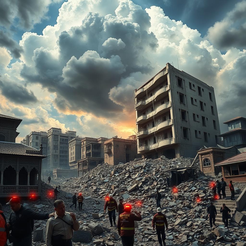 A vivid representation of Iran during an earthquake, showcasing the tumultuous scene with buildings shaking, debris falling, and people responding to the crisis