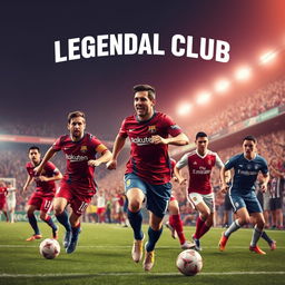 A dynamic sports scene showcasing a legendary football club with a grand name at the top symbolizing authority