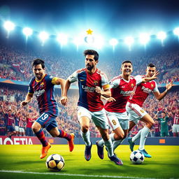A dynamic sports scene showcasing a legendary football club with a grand name at the top symbolizing authority