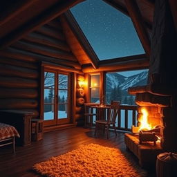 A cozy cabin at night, warmly illuminated by a crackling fireplace