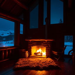 A cozy cabin at night, warmly illuminated by a crackling fireplace