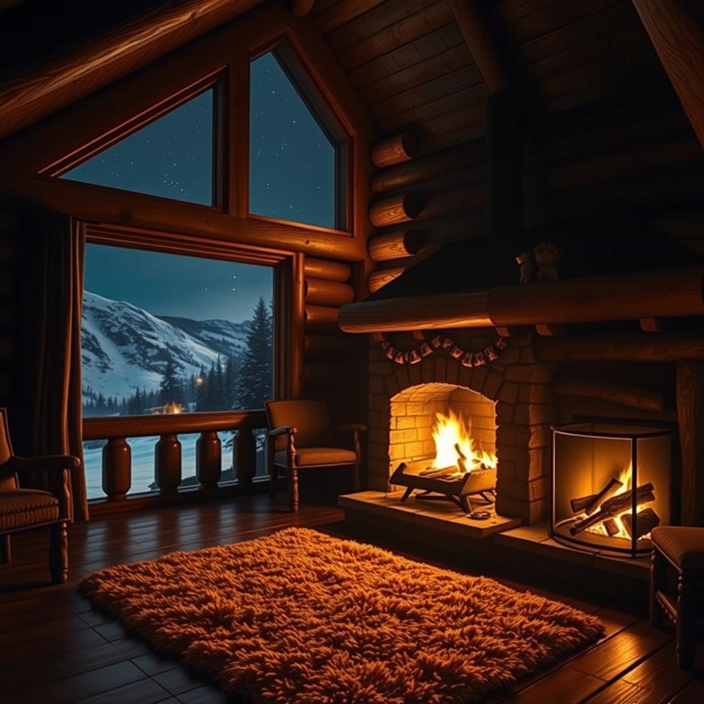 A cozy cabin at night, warmly illuminated by a crackling fireplace