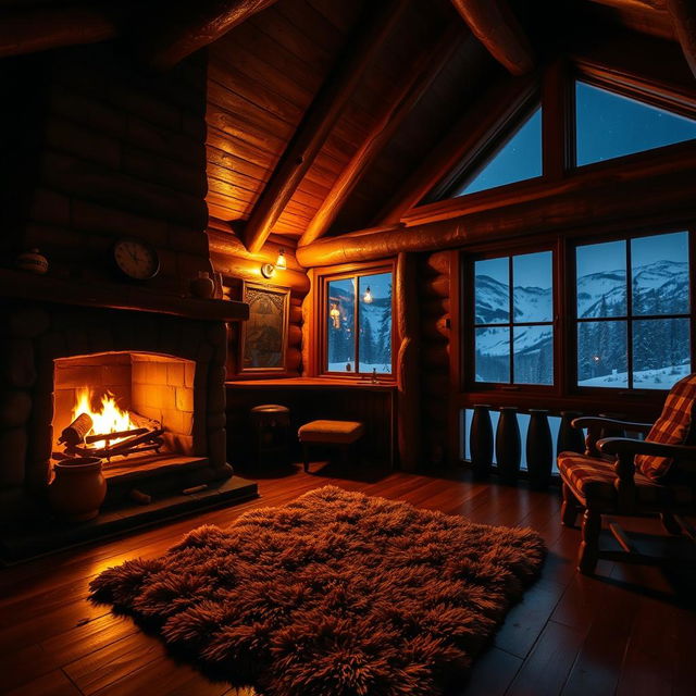 A cozy cabin at night, warmly illuminated by a crackling fireplace