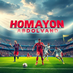 A vibrant and dynamic football scene showcasing the name 'HOMAYON ABDOLVAND' prominently displayed above a grand stadium in an exciting match atmosphere