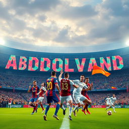 A vibrant and dynamic football scene showcasing the name 'HOMAYON ABDOLVAND' prominently displayed above a grand stadium in an exciting match atmosphere