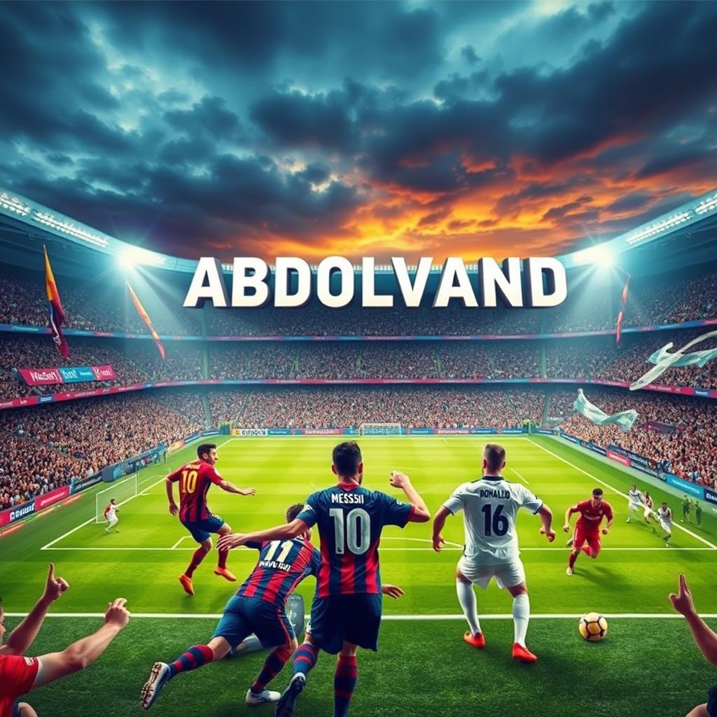 A vibrant and dynamic football scene showcasing the name 'HOMAYON ABDOLVAND' prominently displayed above a grand stadium in an exciting match atmosphere