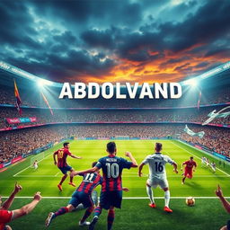 A vibrant and dynamic football scene showcasing the name 'HOMAYON ABDOLVAND' prominently displayed above a grand stadium in an exciting match atmosphere