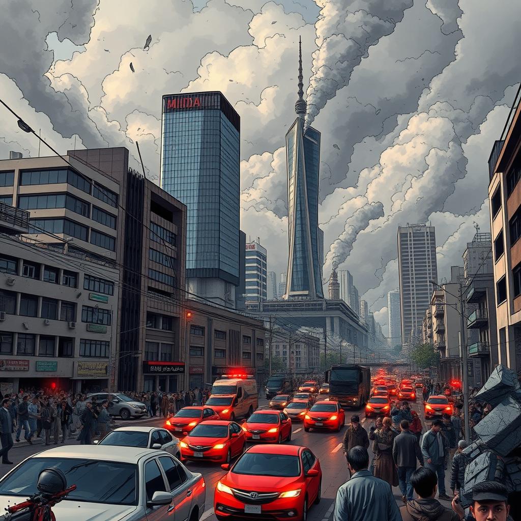 A dramatic representation of Tehran during an earthquake, showcasing the cityscape with modern buildings like the Milad Tower visibly shaking, dust clouds rising amidst a chaotic atmosphere