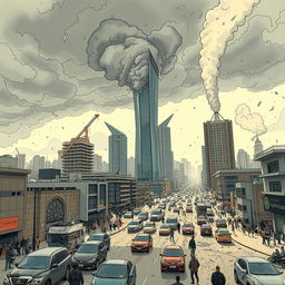 A dramatic representation of Tehran during an earthquake, showcasing the cityscape with modern buildings like the Milad Tower visibly shaking, dust clouds rising amidst a chaotic atmosphere