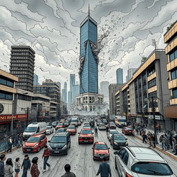 A dramatic representation of Tehran during an earthquake, showcasing the cityscape with modern buildings like the Milad Tower visibly shaking, dust clouds rising amidst a chaotic atmosphere