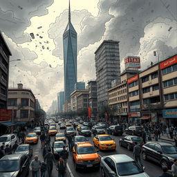 A dramatic representation of Tehran during an earthquake, showcasing the cityscape with modern buildings like the Milad Tower visibly shaking, dust clouds rising amidst a chaotic atmosphere
