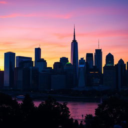 A stunning city skyline at dusk, showcasing a vibrant array of tall buildings with unique architectural designs