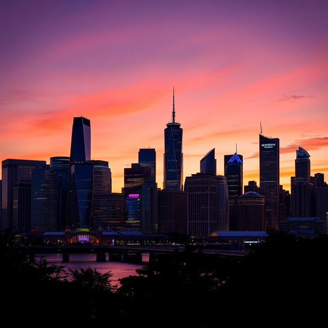 A stunning city skyline at dusk, showcasing a vibrant array of tall buildings with unique architectural designs