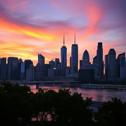 A stunning city skyline at dusk, showcasing a vibrant array of tall buildings with unique architectural designs